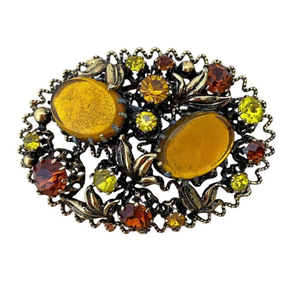 Vintage Brooch Signed Made in Austria Costume Jewelry Orange Gold Rhinestone